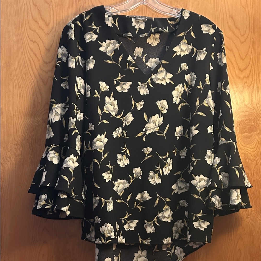 Suzy Shier Black Floral Blouse with Layered Sleeves